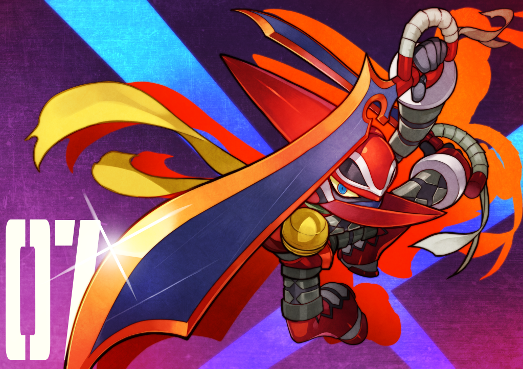 blue_eyes, brandish_(mighty_no._9), cape, kin_niku, mighty_no._7, mighty_no._9, no_humans, robot, sword, weapon