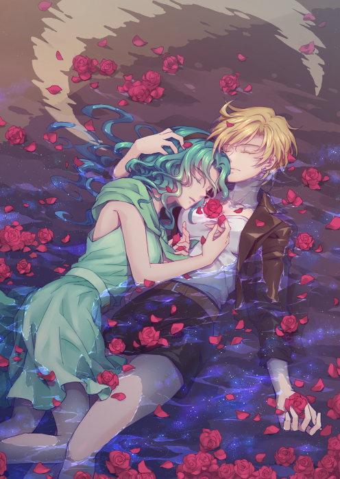 2girls, belt, bishoujo_senshi_sailor_moon, blonde_hair, closed_eyes, crescent_moon, dress, green_dress