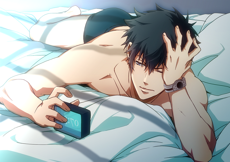1boy, alarm_clock, bed, bed_sheet, black_hair, blue_eyes, boxers, clock