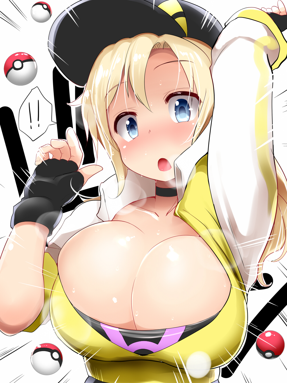 1girl, baseball_cap, black_gloves, blonde_hair, blue_eyes, blush, breasts, choker