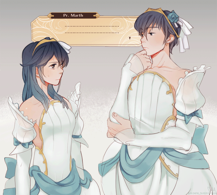 1boy, 1girl, animated, animated_gif, bangs, blue_hair, bride, crossdressinging, dress, fire_emblem, fire_emblem:_kakusei, fire_emblem:_mystery_of_the_emblem, flower, gameplay_mechanics, hair_flower, hair_ornament, hairclip, kikoeta, long_hair, looking_at_another, lucina, marth, sidelocks, strapless, strapless_dress, sweatdrop, transparent, trap, wedding_dress