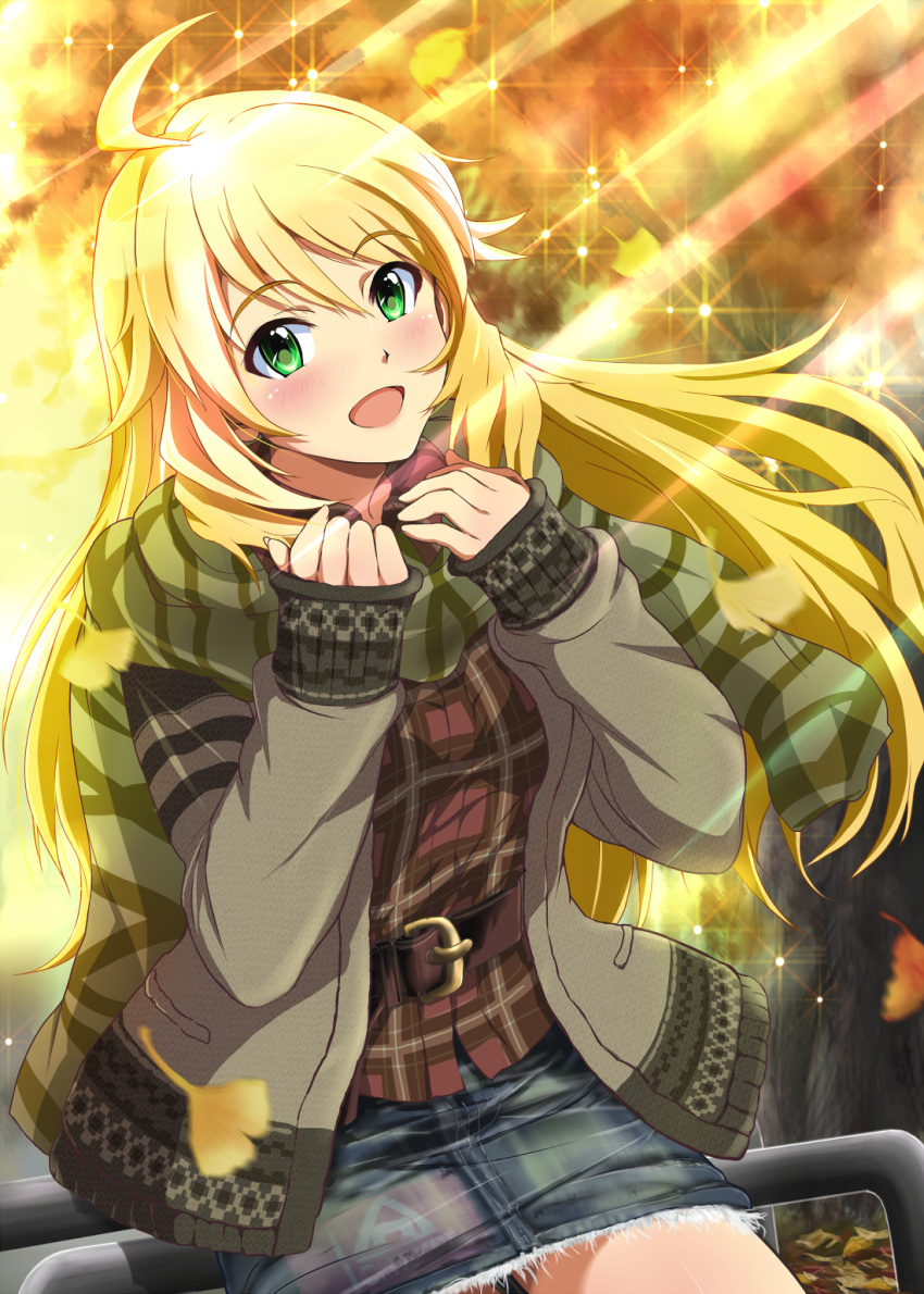1girl, :d, ahoge, belt, blonde_hair, blush, denim, denim_shorts