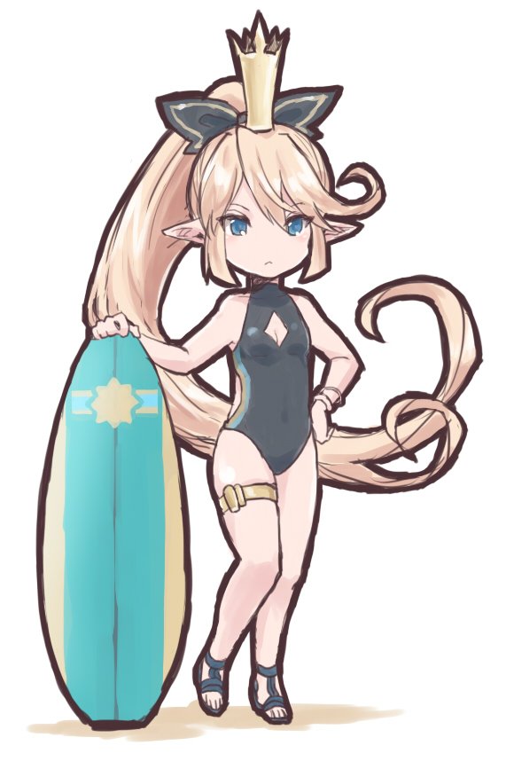 1girl, :<, black_bow, black_swimsuit, blonde_hair, blue_eyes, bow, bracelet