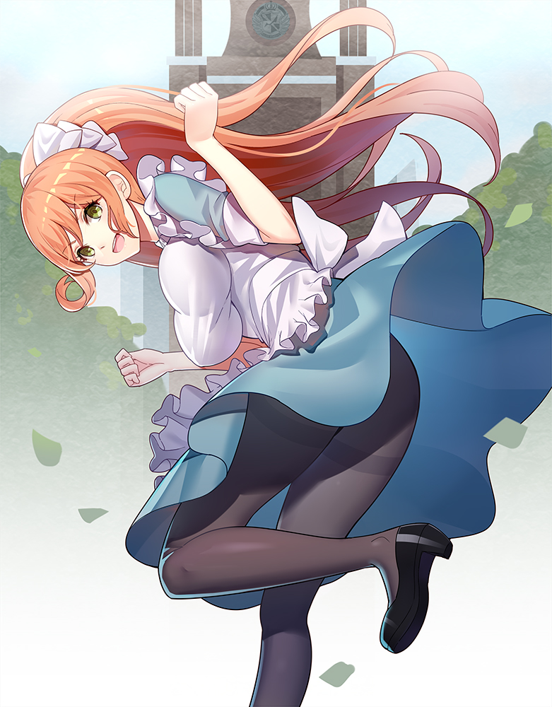 1girl, apron, ass, bangs, black_legwear, blue_dress, blush, breasts, brown_hair, commentary_request, dangan_ronpa, dangan_ronpa_3, dress, frills, from_behind, green_eyes, large_breasts, leaning_forward, long_hair, looking_at_viewer, looking_back, maid, maid_apron, open_mouth, pantyhose, ponytail, ririko_(zhuoyandesailaer), scrunchie, smile, solo, thighband_pantyhose, very_long_hair, yukizome_chisa
