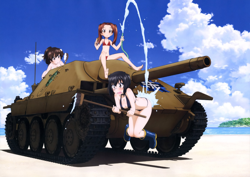 3girls, absurdres, ass, beach, bikini, black_bikini, black_hair, breasts