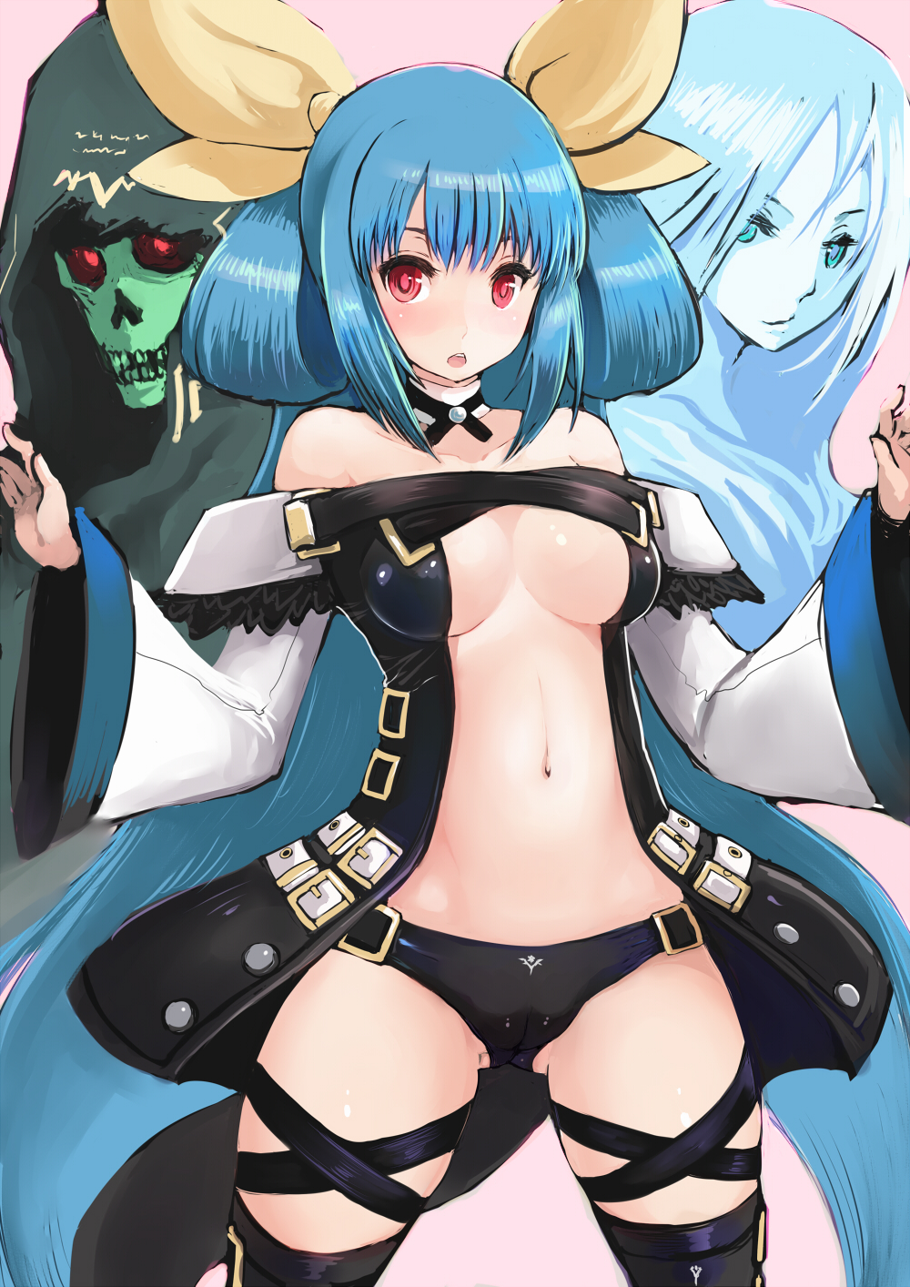 2girls, asymmetrical_wings, bare_shoulders, black_legwear, black_panties, blue_hair, breasts, center_opening