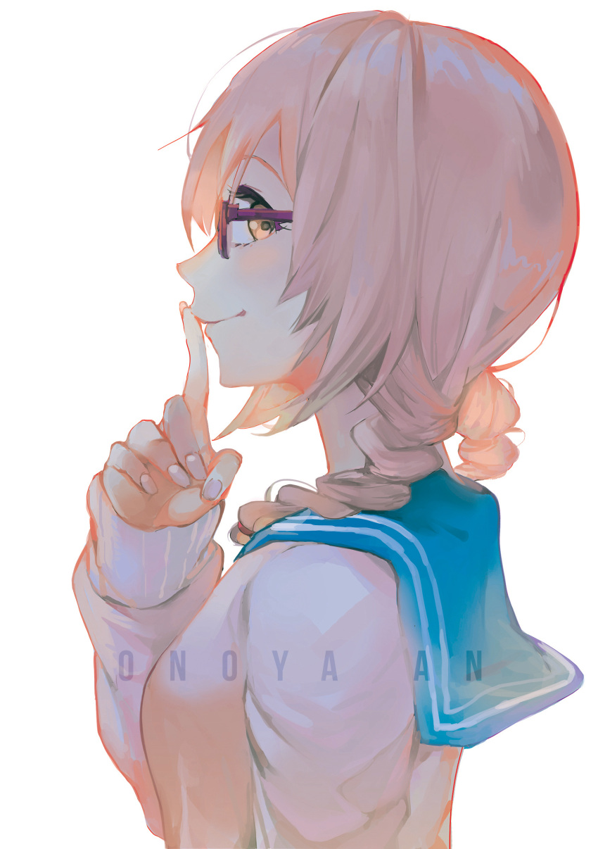 1girl, absurdres, character_name, fare, finger_to_mouth, glasses, highres, light_brown_hair