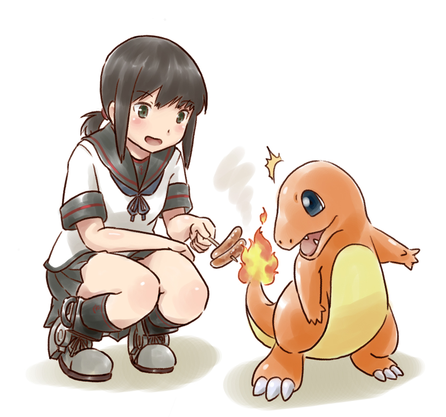 1girl, anchor_symbol, black_hair, black_legwear, blue_eyes, blush, charmander, claws
