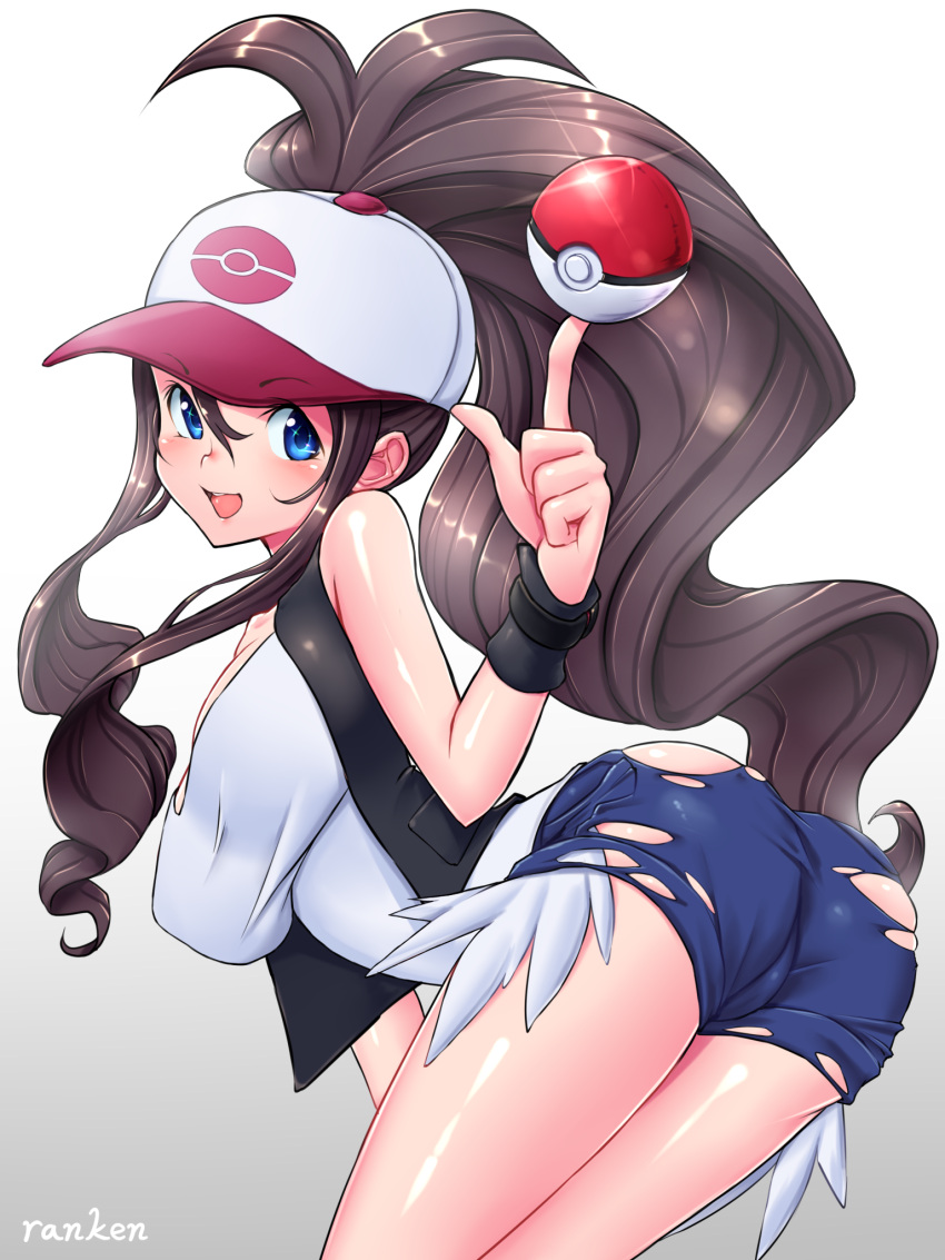 1girl, ass, balancing, baseball_cap, blue_eyes, breasts, brown_hair, denim