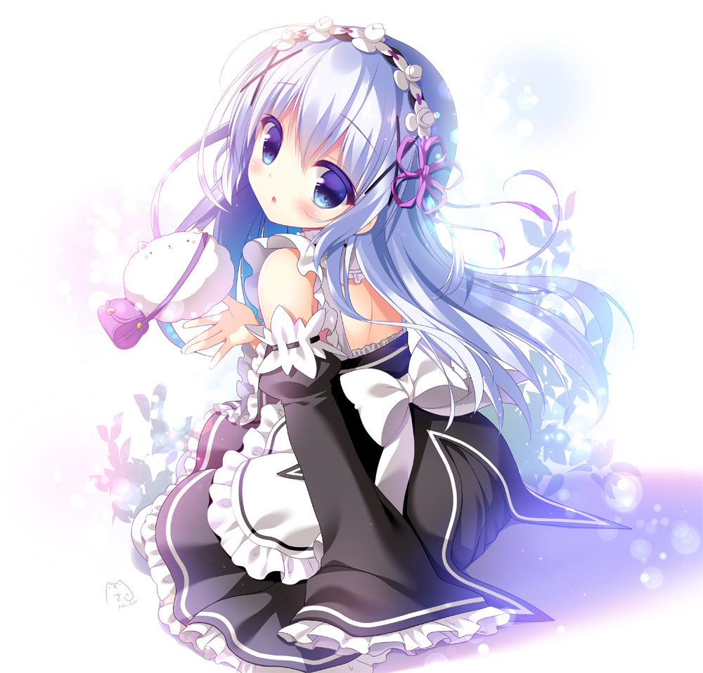 1girl, :o, alternate_costume, angora_rabbit, animal, apron, arm_garter, bag