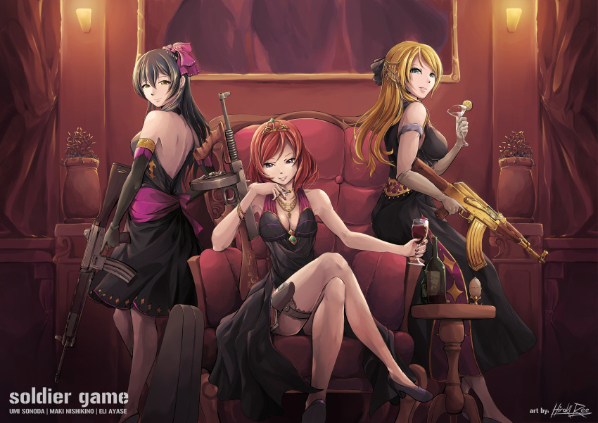 3girls, absurdres, ak-47, alcohol, ar-18, arm_at_side, armlet, assault_rifle, ayase_eli, bangs, bare_arms, bare_shoulders, between_fingers, black_dress, black_gloves, black_panties, black_shoes, blonde_hair, blue_eyes, bottle, bow, bracelet, breasts, cigarette, cleavage, closed_mouth, couch, crossed_legs, cup, curtains, dress, drink, drinking_glass, food, formal, frame, fringe, fruit, gem, gloves, grin, gun, hair_between_eyes, hair_bow, hair_ornament, half_updo, halterneck, handgun, high_heels, highres, hiroki_ree, holding, holding_gun, holding_weapon, holster, indoors, jewelry, lamp, large_breasts, lemon, lemon_slice, long_dress, long_hair, looking_at_viewer, love_live!, love_live!_school_idol_project, m1911, m1919, medium_breasts, multiple_girls, necklace, nishikino_maki, panties, pantyshot, pantyshot_(sitting), pistol, plant, portrait_(object), redhead, rifle, sash, scrunchie, shoes, short_dress, sitting, sleeveless, sleeveless_dress, smile, smoke, soldier_game, sonoda_umi, standing, submachine_gun, table, thigh_holster, thigh_strap, tiara, trigger_discipline, underwear, vase, violet_eyes, wall, weapon, white_gloves, wine, wine_bottle, wine_glass, yellow_eyes