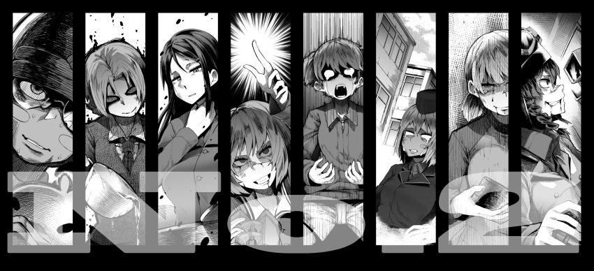 6+girls, aki_(girls_und_panzer), akiyama_yukari, alisa_(girls_und_panzer), bangs, blank_eyes, blood, blood_from_mouth, blood_on_face, braid, breasts, check_commentary, closed_eyes, commentary_request, crying, crying_with_eyes_open, cup, darjeeling, fukuda_(girls_und_panzer), garrison_cap, girls_und_panzer, glasses, goggles, goggles_on_head, grin, hair_between_eyes, hand_up, hat, helmet, highres, itsumi_erika, jacket, large_breasts, long_hair, low_twintails, medium_breasts, military, military_hat, military_uniform, monochrome, multiple_girls, necktie, nonna, open_mouth, parted_bangs, pepperoni_(girls_und_panzer), pouring, school_uniform, short_hair, shorts, small_breasts, smile, sweater, teacup, tears, track_jacket, twintails, uniform, vehicle_interior, yonyon_(yotayota_honpo)