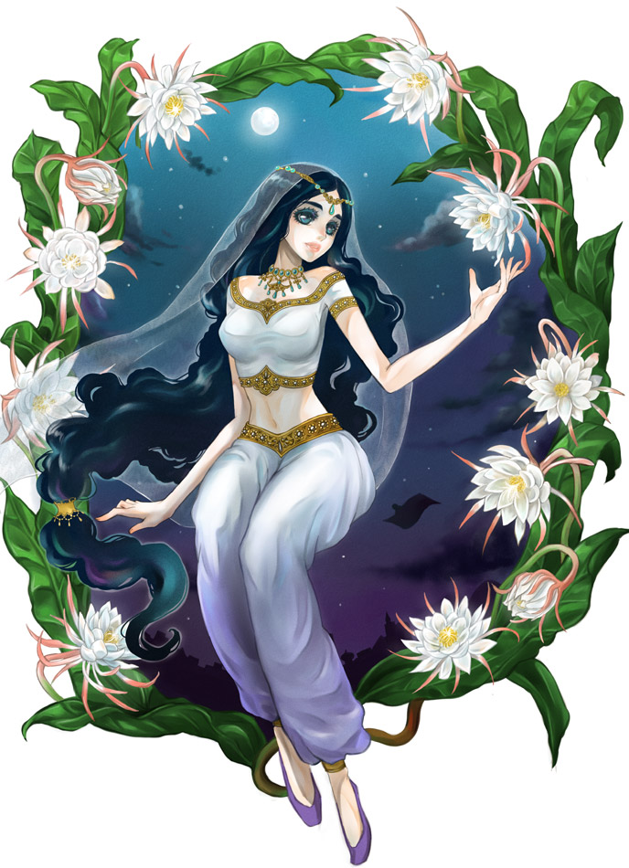 1girl, 29tarou, black_hair, blue_eyes, carpet, castle_in_the_air, flower, flower-in-the-night, full_moon, howl's_moving_castle_(novel), long_hair, midriff, moon, night, night_sky, sky, veil