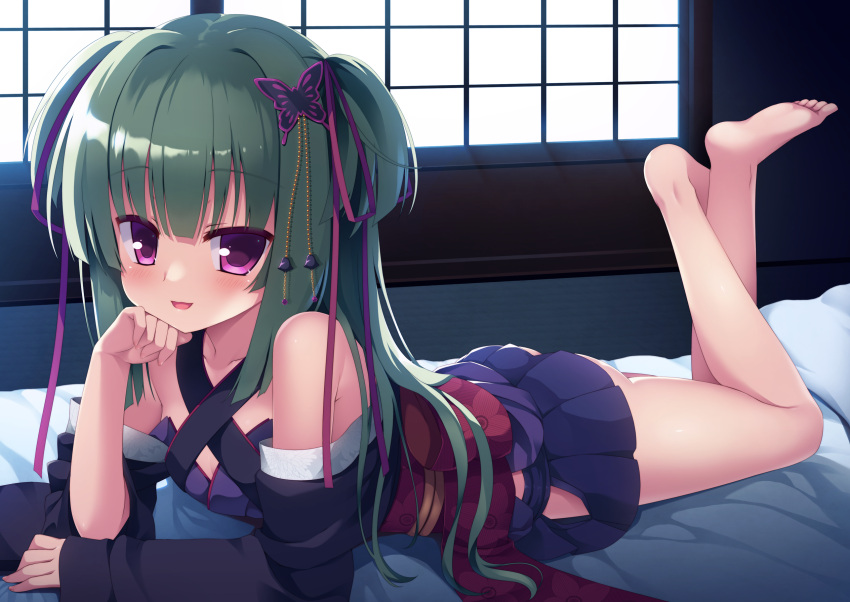 1girl, ass, bare_shoulders, barefoot, bed_sheet, blush, breasts, butterfly_hair_ornament