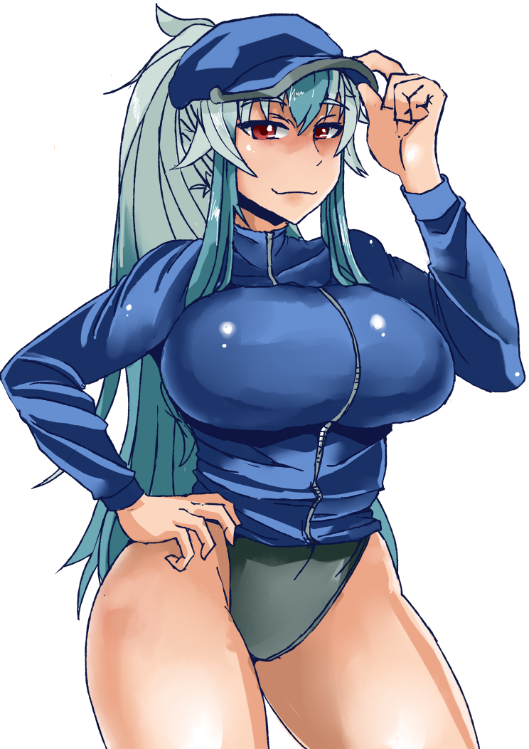 1girl, alternate_costume, alternate_hairstyle, bangs, black_swimsuit, blue_hair, breasts, cowboy_shot
