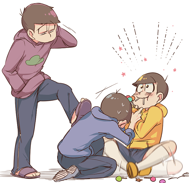 /\/\/\, 3boys, :t, afterimage, ahoge, back, black_hair, blue_pants