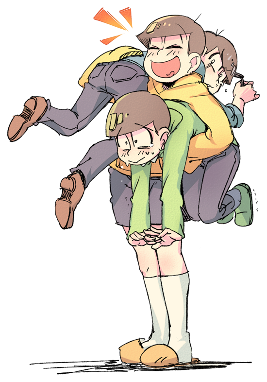 /\/\/\, 3boys, :>, ^_^, ahoge, ass, black_hair, blue_pants