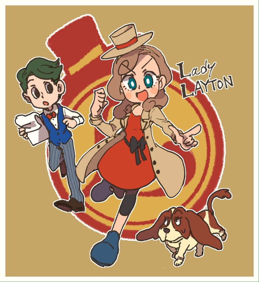 1boy, 1girl, :d, beagle, blue_eyes, blush_stickers, bow, bowtie, brown_eyes, brown_hair, catriel_layton, coat, copyright_name, dog, eyelashes, full_body, green_hair, hairband, hat, highres, lady_layton, long_hair, looking_at_another, looking_at_viewer, mini_hat, mini_top_hat, noah_montol, open_clothes, open_coat, open_mouth, pinstripe_pattern, pointing, professor_layton, sharo, smile, sweatdrop, top_hat, undersyaro, waistcoat