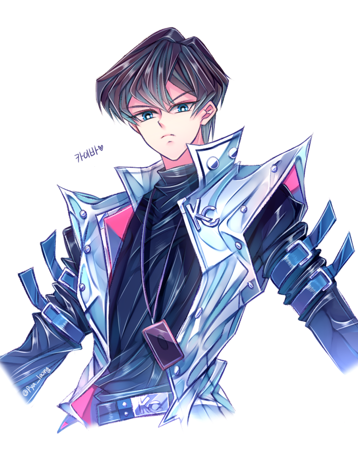 1boy, belt, blue_eyes, brown_hair, card, frown, jewelry, kaiba_seto, korean, male_focus, pendant, pyarung, solo, translation_request, turtleneck, twitter_username, upper_body, vest, yuu-gi-ou