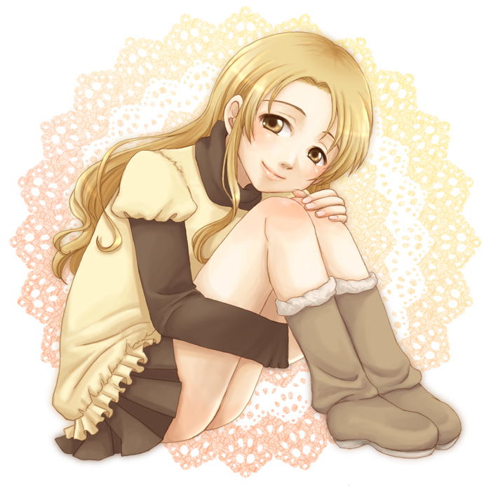 1girl, blonde_hair, boots, brown_boots, brown_skirt, esuya, full_body, lips, long_hair, miniskirt, original, pleated_skirt, skirt, smile, solo, turtleneck, yellow_eyes