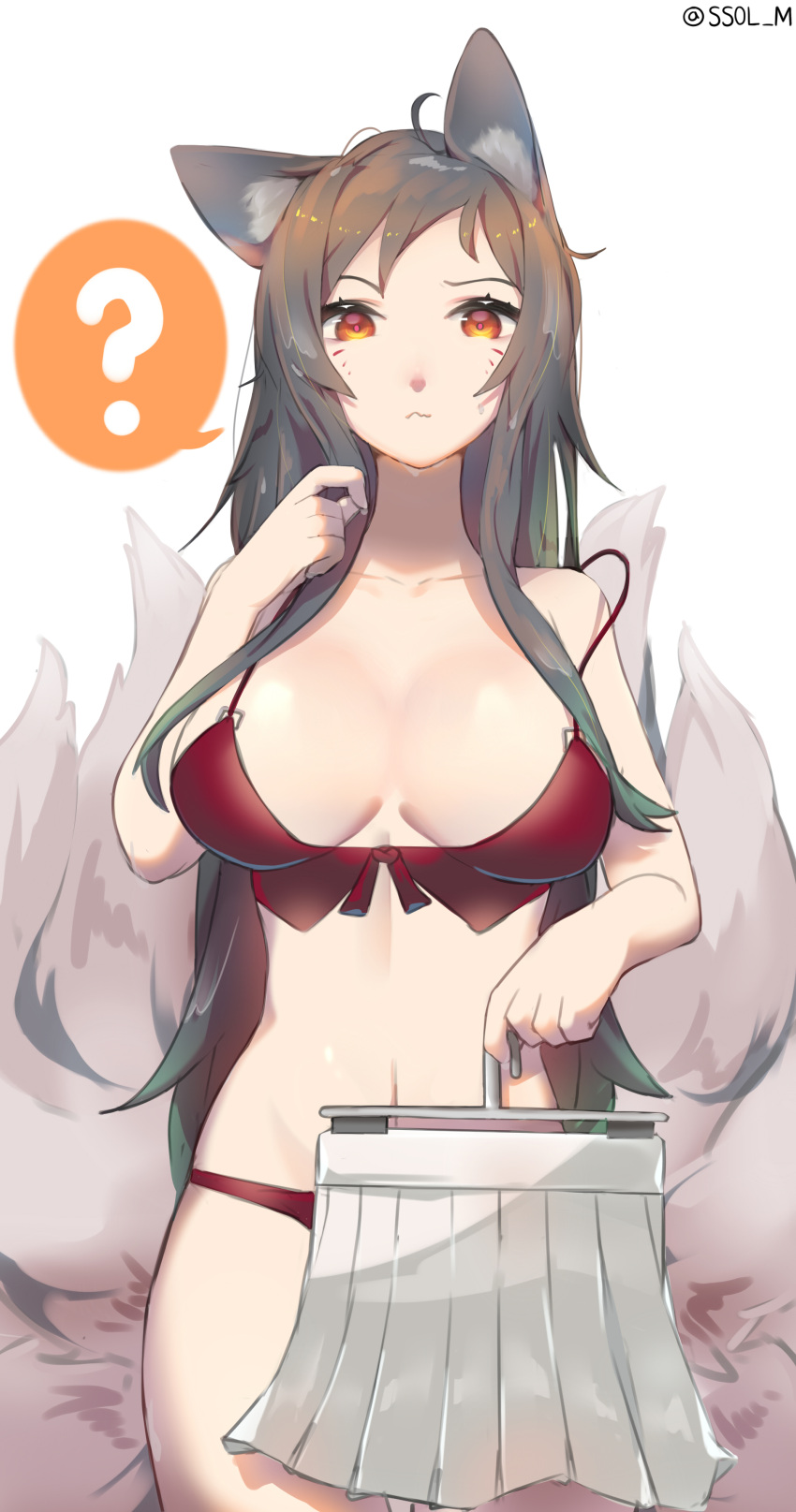 1girl, ?, absurdres, ahri, alternate_costume, animal_ears, bare_shoulders, black_hair