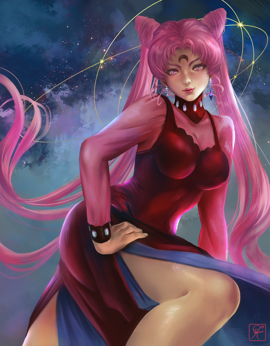 1girl, bishoujo_senshi_sailor_moon, black_lady, breasts, chibi_usa, cleavage, crystal_earrings, double_bun, dress, earrings, hand_on_hip, jewelry, large_breasts, long_hair, pink_dress, pink_eyes, pink_hair, sky, solo, star_(sky), starry_sky, twintails, very_long_hair, washuu, watermark
