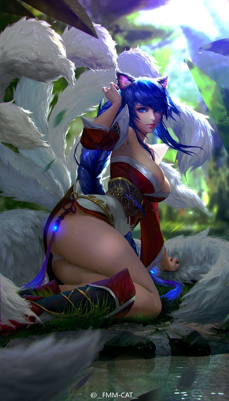 1girl, ahri, animal_ears, arm_support, armpits, blue_eyes, blue_hair, boots