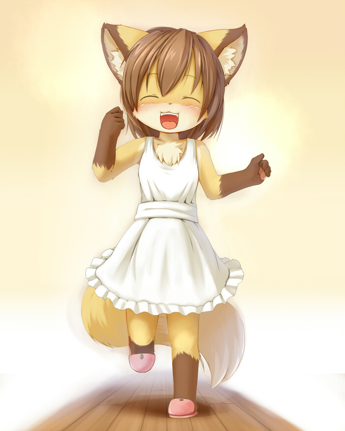 1girl, animal_ears, apron, blush, closed_eyes, female, fox_ears, fox_tail