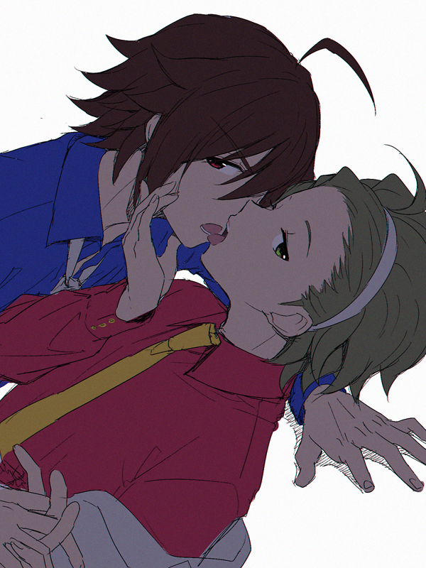 11kkr, 2boys, ahoge, amagase_touma, brown_hair, dress_shirt, dutch_angle, green_eyes
