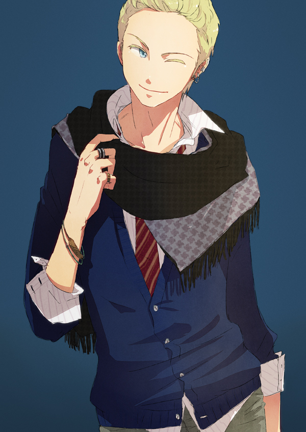 1boy, ;), blonde_hair, blue_background, blue_eyes, bracelet, cardigan, contrapposto