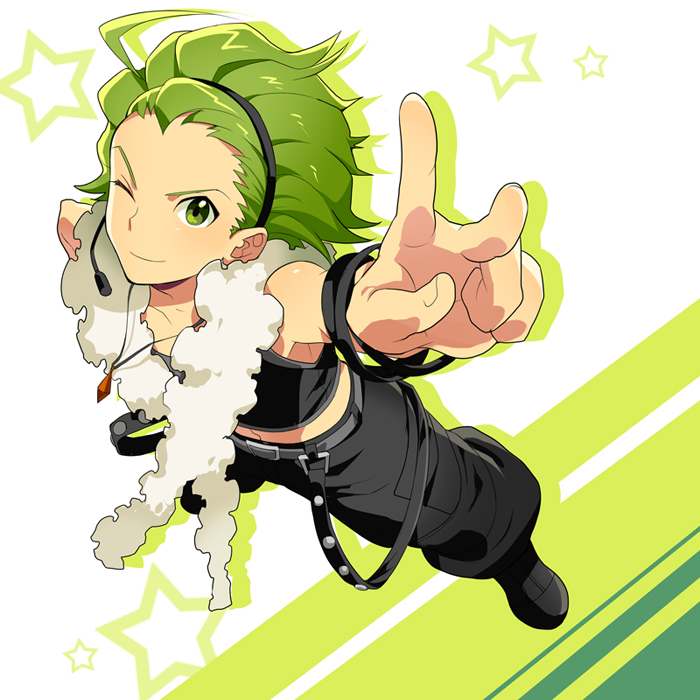 1boy, ;), bare_shoulders, blackish_961sp, colorful_m, from_above, green_eyes, green_hair