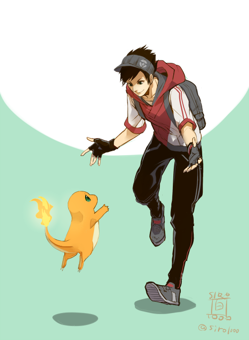 1boy, backpack, bag, bent_over, black_gloves, black_hair, charmander, fingerless_gloves