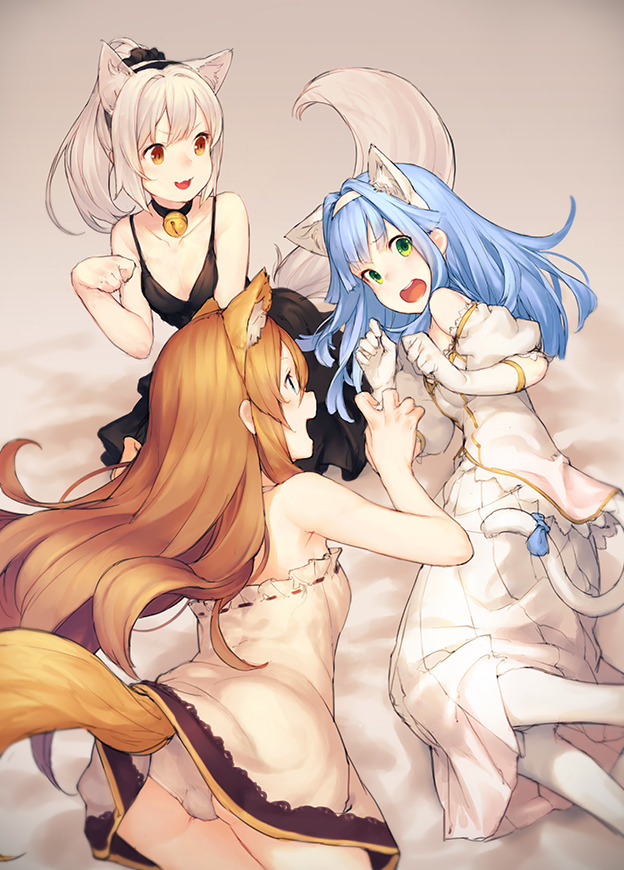 >:3, 3girls, :3, all_fours, animal_ears, artist_request, ass, bell