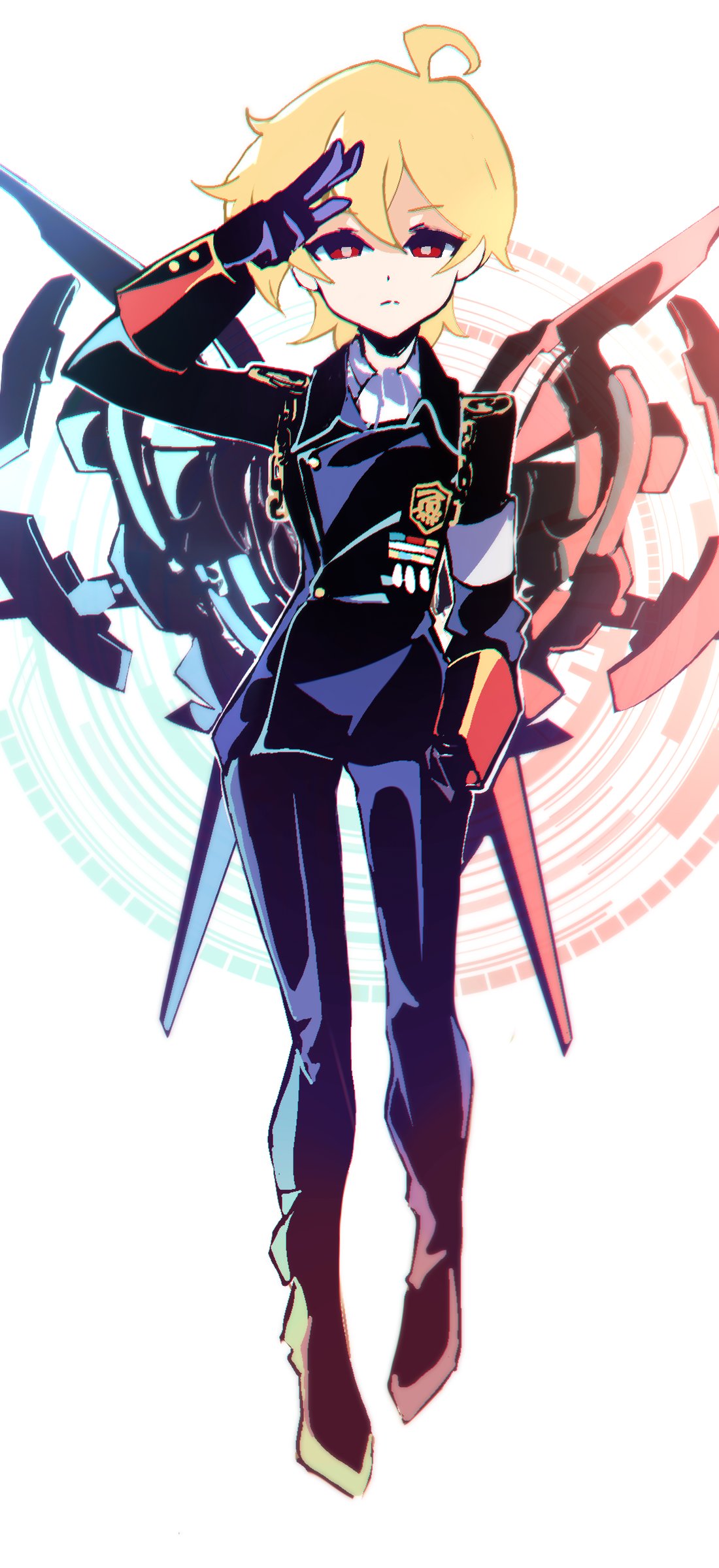 1boy, 9_2fc, absurdres, alpha_omega_nova, black_gloves, blonde_hair, expressionless, full_body