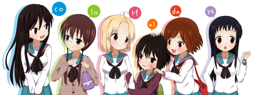 6+girls, a_channel, absurdres, black_hair, brown_eyes, brown_hair, highres, ichii_tooru, imai_yutaka, long_hair, machahiro_(shiitake), momoki_run, multiple_girls, nishi_keiko, nishi_yuuko, noyama_miho, red_eyes, school_uniform, serafuku, short_hair