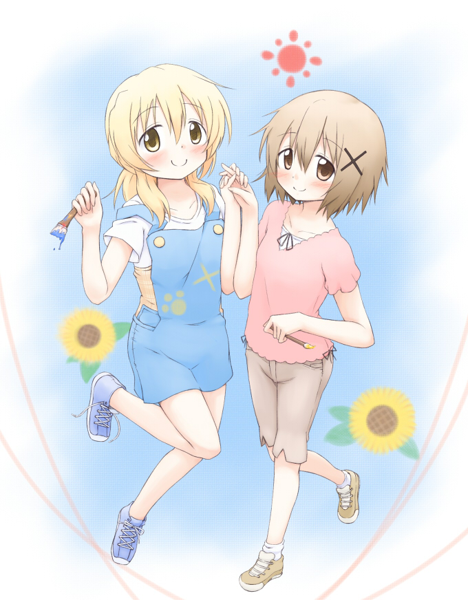 2girls, blonde_hair, blush, brown_eyes, brown_hair, flower, hidamari_sketch, hidarikata, miyako, multiple_girls, short_hair, smile, sunflower, yuno