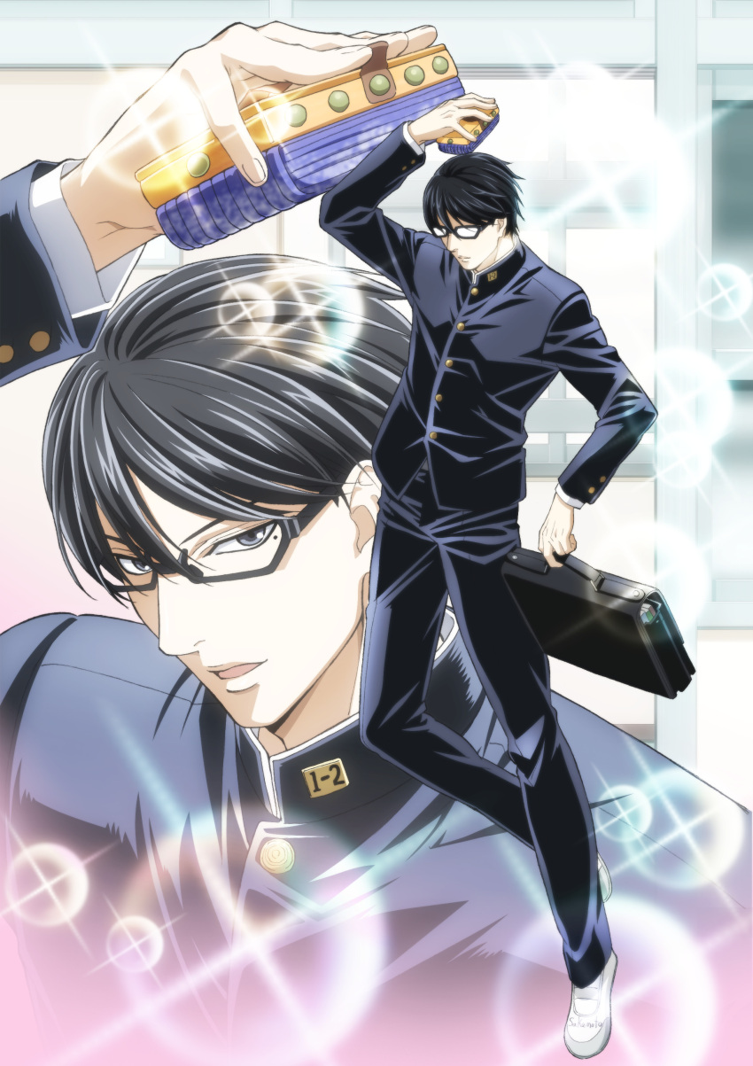 1boy, absurdres, black_hair, gakuran, glasses, highres, key_visual, male_focus