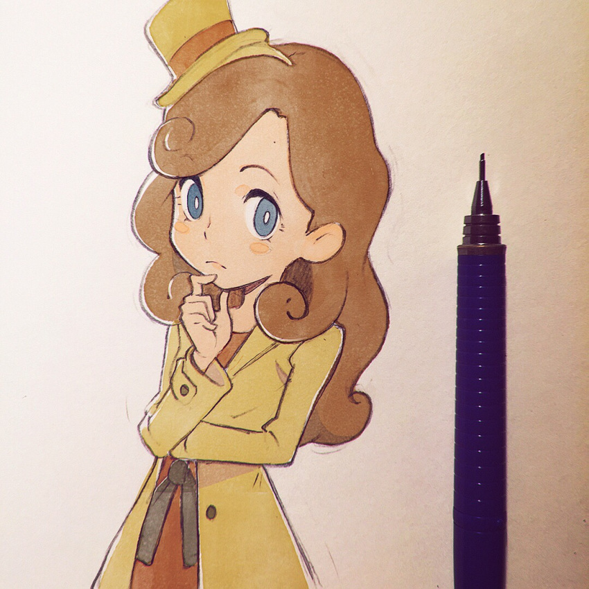 1girl, blue_eyes, blush_stickers, brown_hat, brown_jacket, buttons, catriel_layton, closed_mouth, curly_hair, dress, finger_to_mouth, hat, ilya_kuvshinov, lady_layton, light_brown_hair, long_hair, long_sleeves, mini_hat, mini_top_hat, paper, pen, photo, professor_layton, red_dress, smile, solo, thinking, top_hat, traditional_media, upper_body