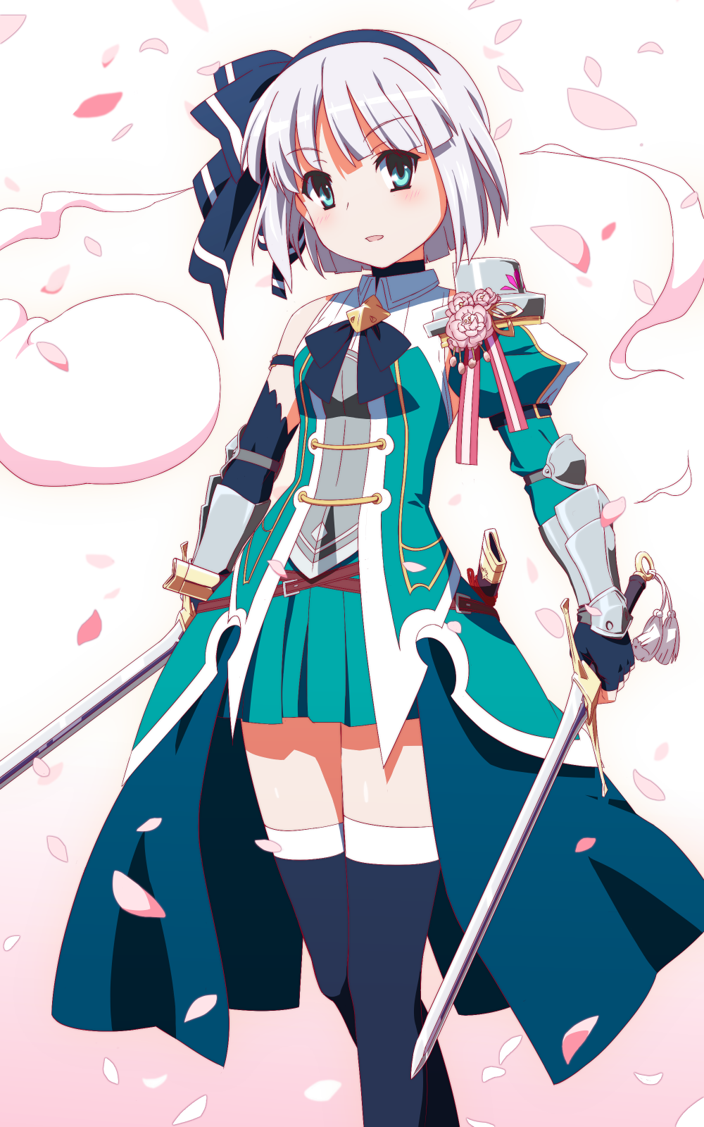 1girl, alternate_costume, armband, belt, blue_eyes, bow, bowtie, brace