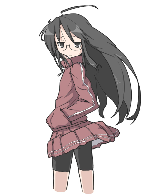 bad_id, bike_shorts, black_eyes, black_hair, glasses, hands_in_pockets, izumi_konata, kurokona, long_hair, looking_back, lucky_star, mole, school_uniform, suzumiya_annko