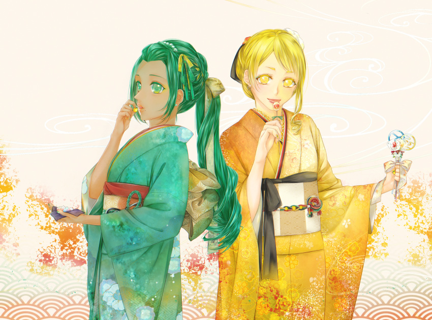 2girls, ayakami, blonde_hair, dark_skin, eating, floral_print, furisode, green_eyes