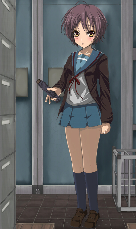 brown_eyes, grey_hair, nagato_yuki, purple_hair, sahare, school_uniform, short_hair, suzumiya_haruhi_no_yuuutsu