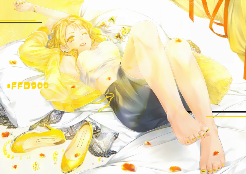 1girl, ayakami, barefoot, blonde_hair, earrings, feet, hands_above_head, high_heels