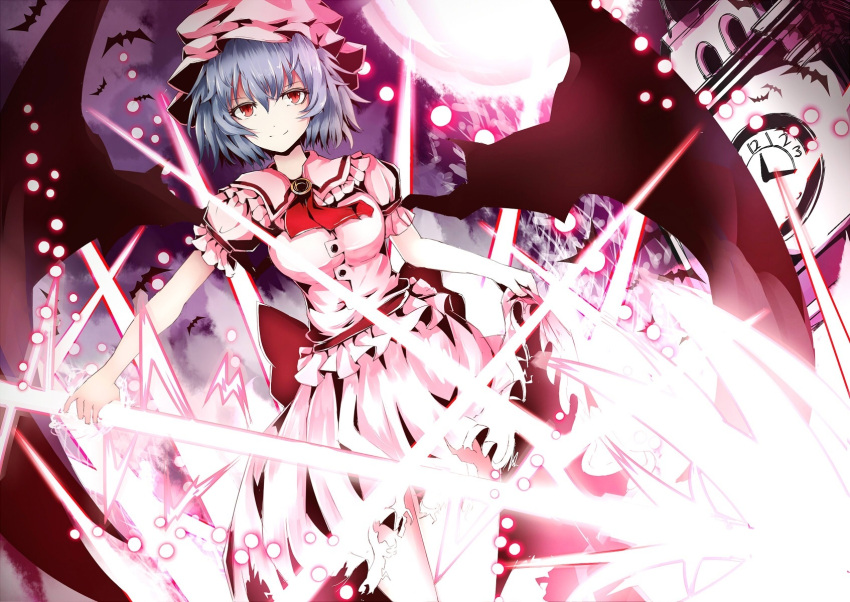 1girl, bat, bat_wings, blue_hair, brochette, chiruru96, clock, cross, dress, hat, highres, looking_at_viewer, moon, puffy_sleeves, red_eyes, remilia_scarlet, short_hair, short_sleeves, slit_pupils, smile, solo, touhou, vampire, white_dress, wings