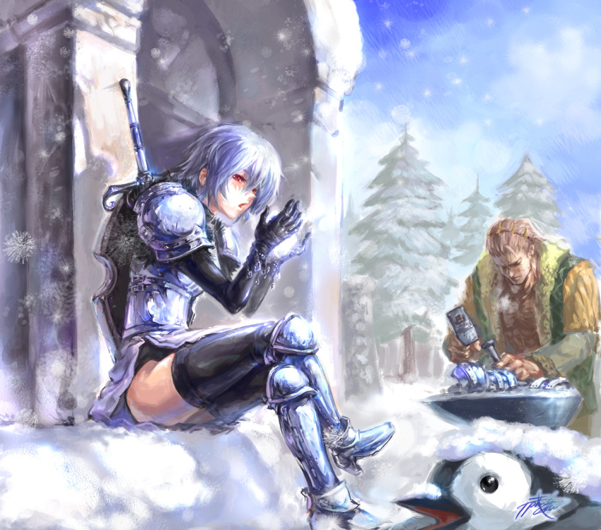 1girl, armor, bird, giant, mabinogi, penguin, phantom_ix_row, red_eyes, shield, short_hair, snow, sword, taunes, thigh-highs, thighhighs, tree, weapon, winter