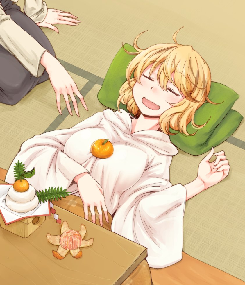 2girls, blonde_hair, dra, food, fruit, kagami_mochi, kotatsu, mandarin_orange