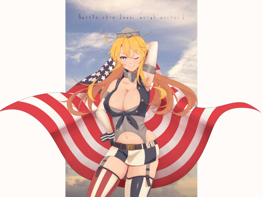 1girl, absurdres, american_flag, american_flag_legwear, arm_behind_back, armpits, bad_id, bare_shoulders