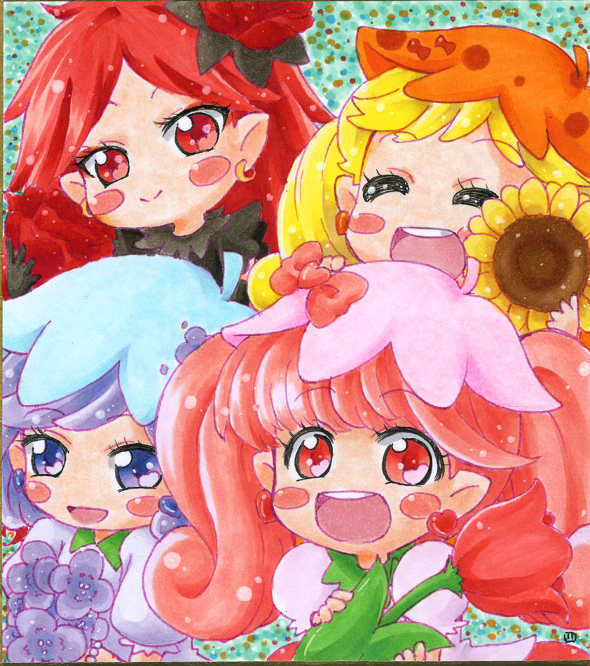 11ban, 4girls, commentary_request, flower, himawari_(fairilu), lip_(fairilu), multiple_girls, rilu_rilu_fairilu