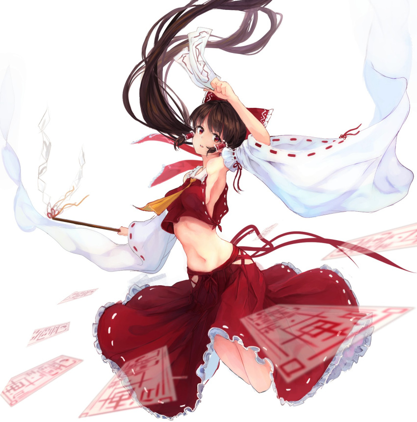 1girl, arm_at_side, armpits, ascot, bent_knees, bow, breasts, brown_hair