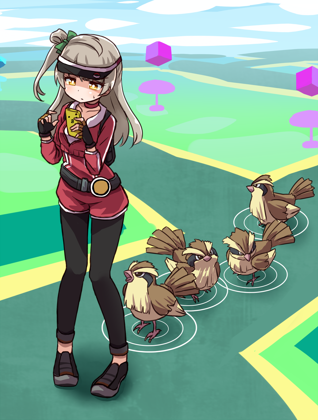 1girl, alternate_costume, backpack, bag, belt, bird, black_gloves, bow